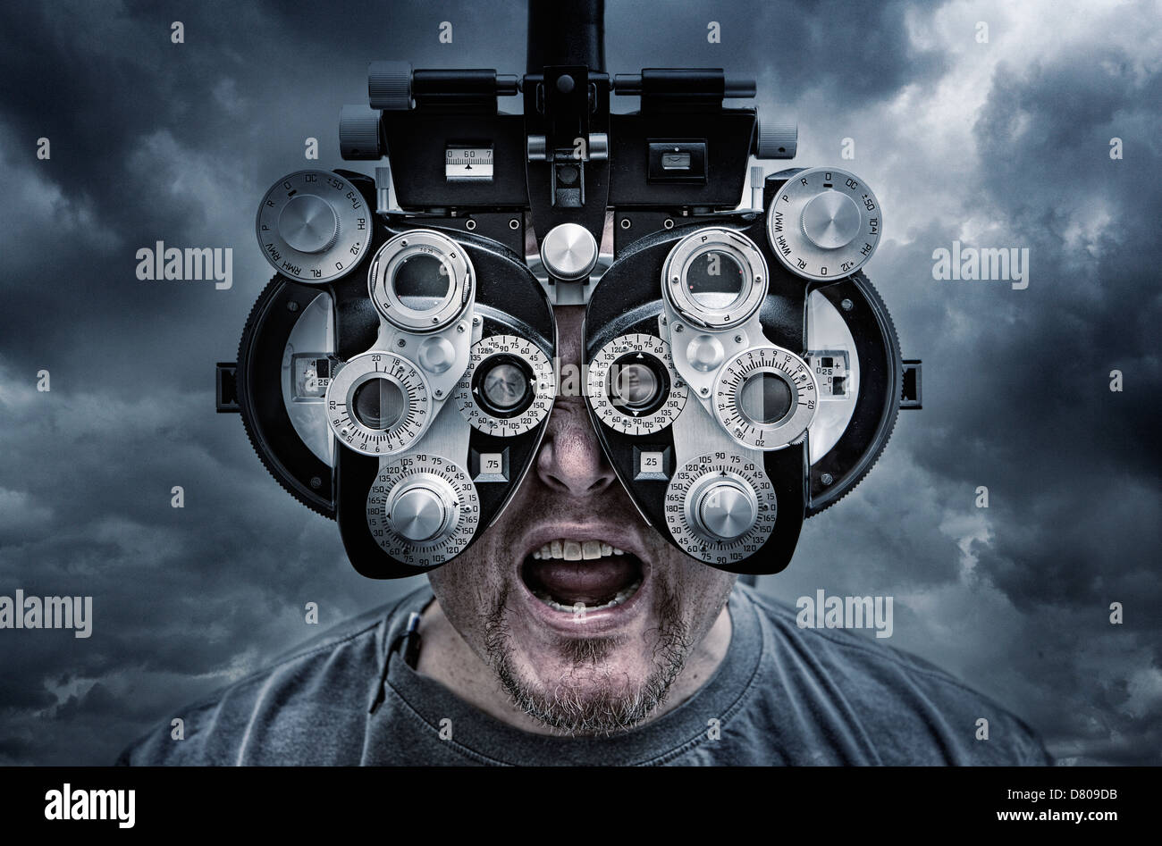 Illustration of man looking through optometrist equipment Stock Photo