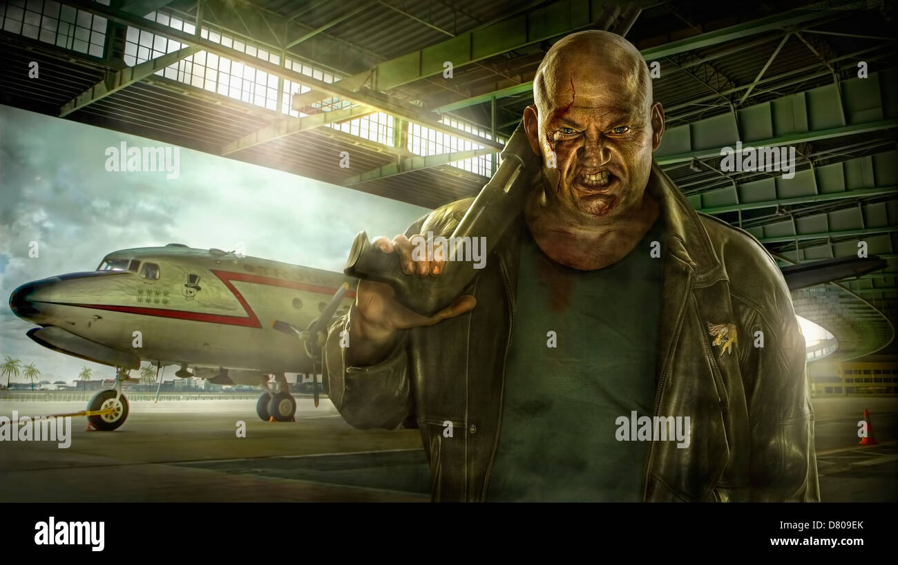 Illustration of mixed race man holding gun in airplane hangar Stock Photo