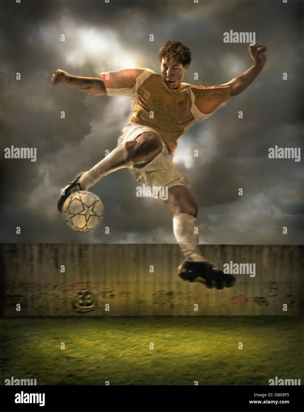 Illustration of soccer player kicking ball in field Stock Photo