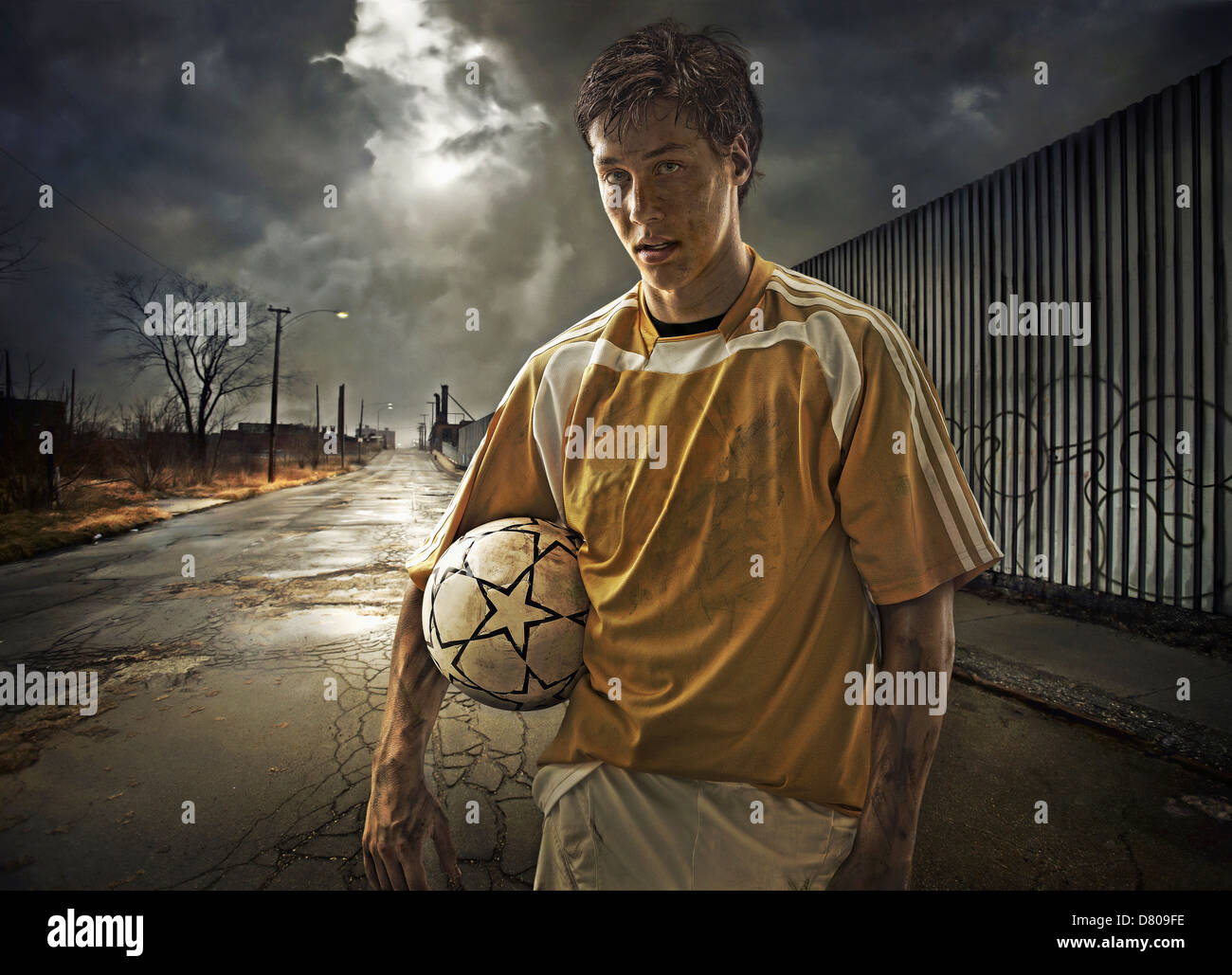 Illustration of soccer player holding ball on city street Stock Photo