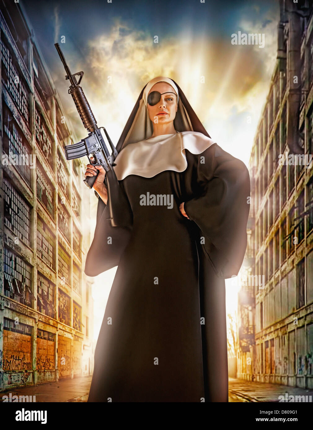 Illustration of Caucasian nun with eye patch and machine gun Stock Photo