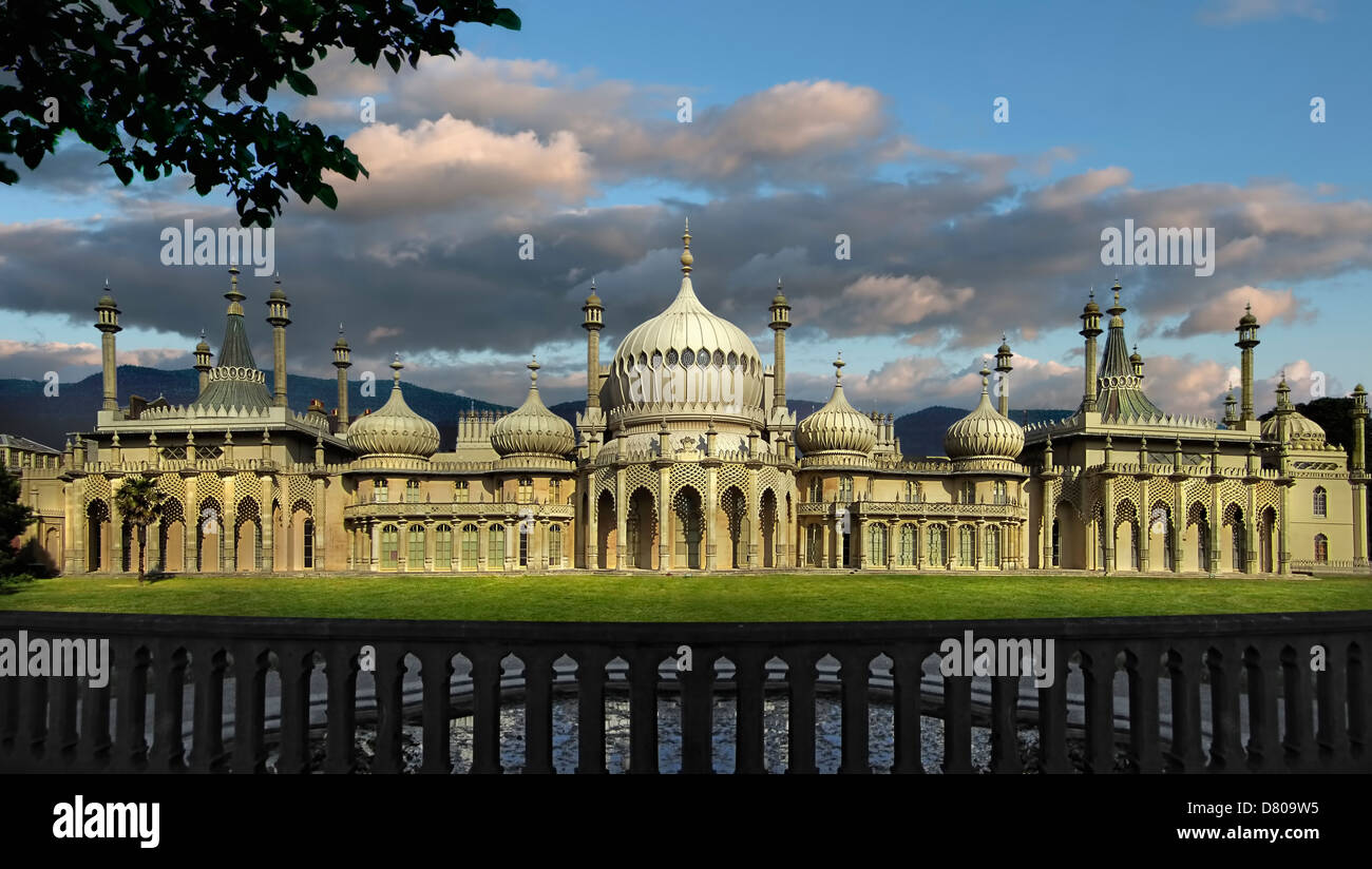 Ornate palace and manicured lawn, Brighton, Sussex, United Kingdom Stock Photo