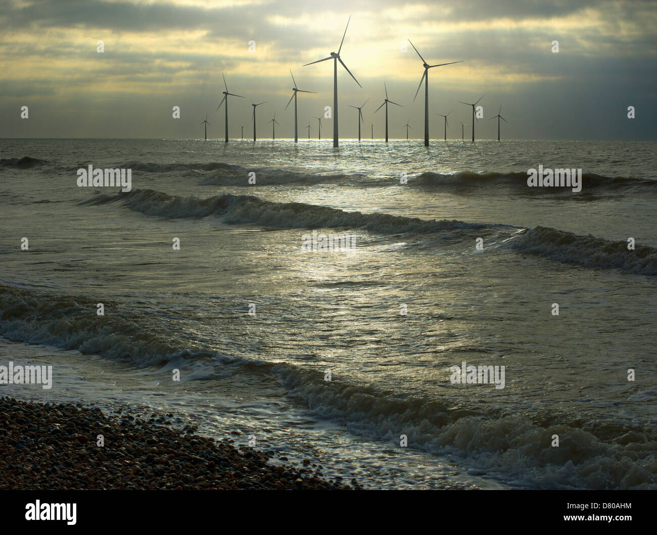 Wind turbines in ocean, Brighton, Sussex, England Stock Photo