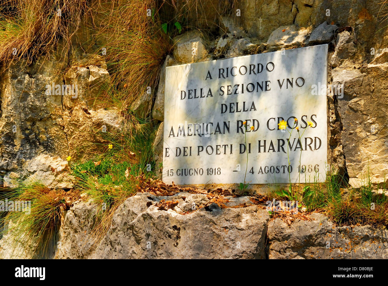 WWI. Veneto,Italy. Pove del Grappa : the plaque in memory of the ambulance drivers of the American Red Cross. Stock Photo