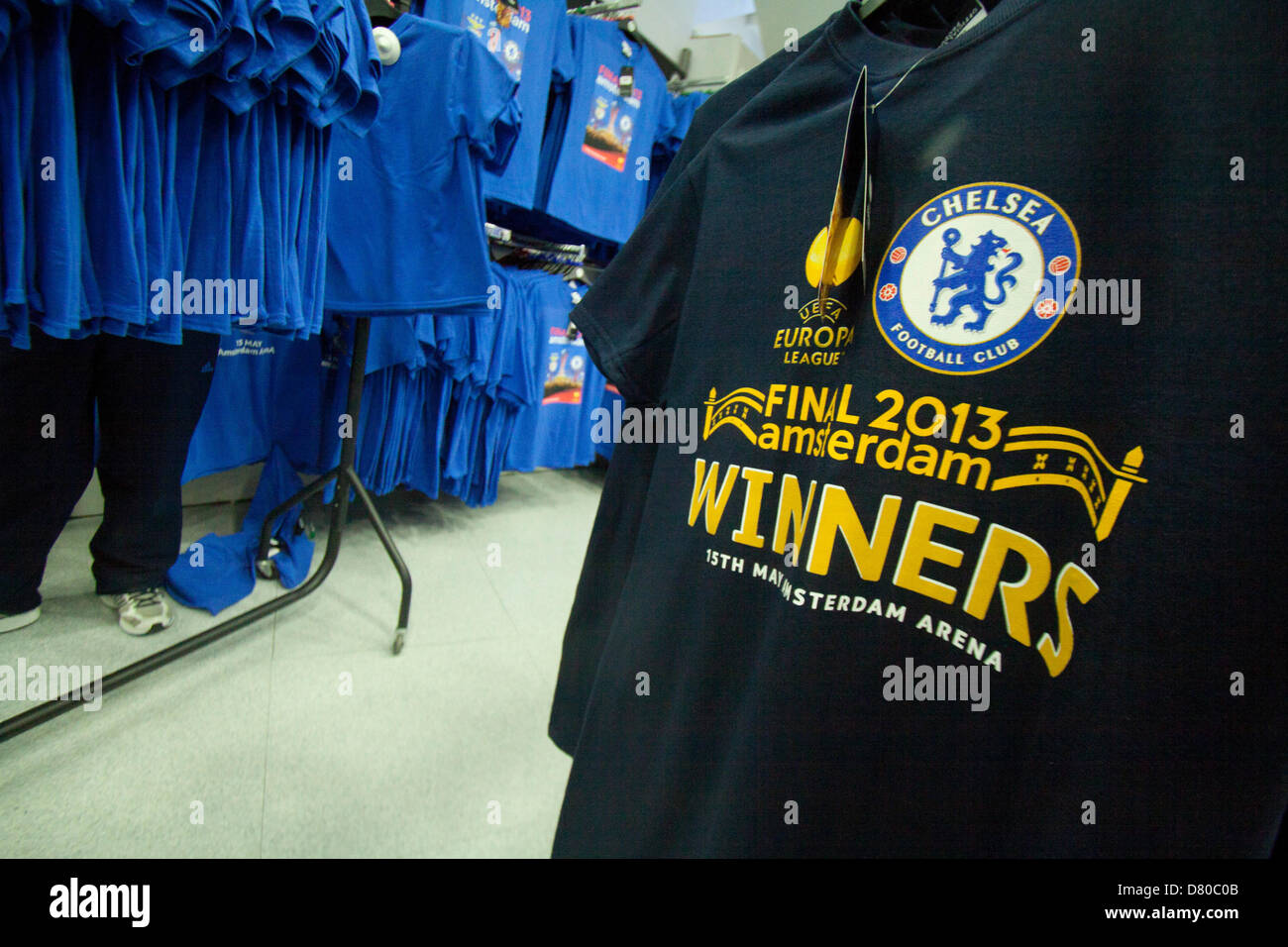 London UK. 16th May 2013. Chelsea store selling Europa League winners souvenir shirts and sport memorabilia after Chelsea FC wins the Europa League final against Benfica in Amsterdam on May 15th. Credit:  amer ghazzal / Alamy Live News Stock Photo