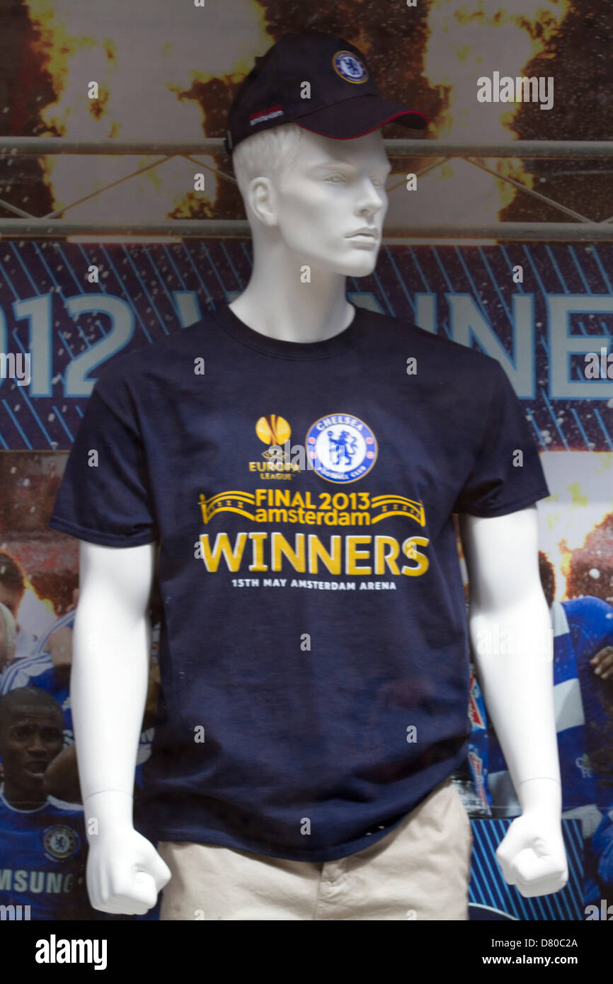 London UK. 16th May 2013. A mannequin wearing a Europa league winners shirt  for sale at the Chelsea store which is selling winners t-shirts and sport  memorabilia after Chelsea FC wins the