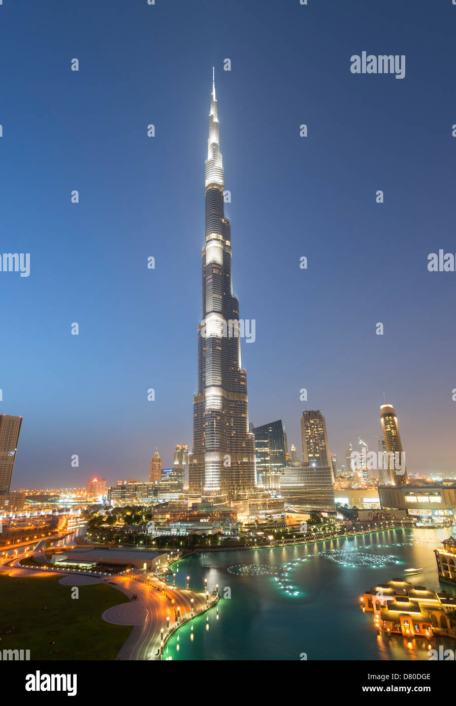 Night view of Burj Khalifa tower world's tallest building in Dubai United Arab Emirates Stock Photo