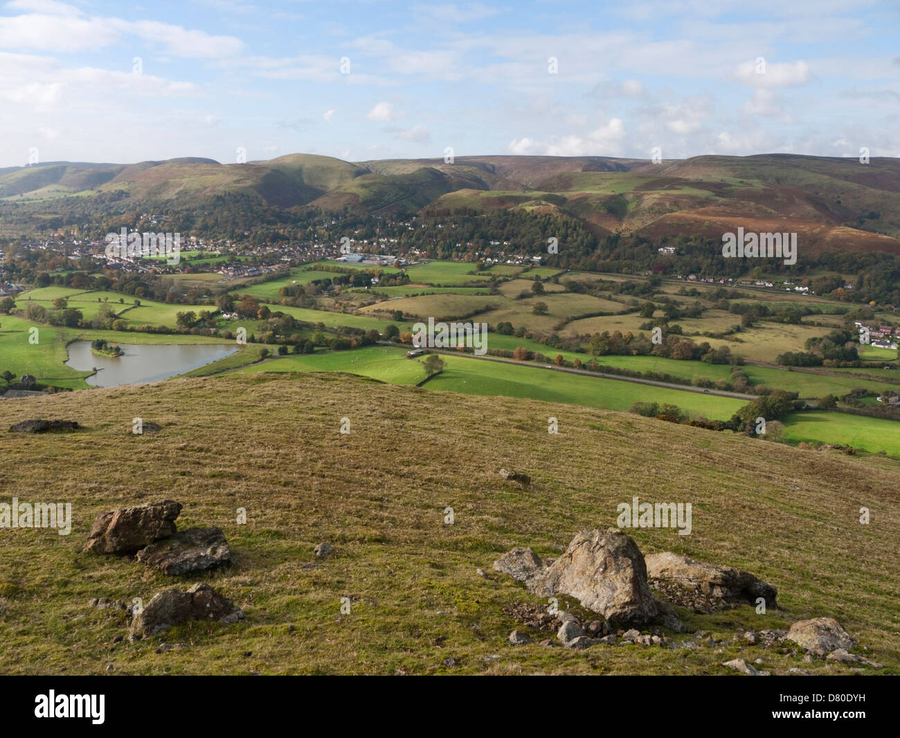 View from Caer Caradoc to the Shropshire town of Church Stretton, nestled beneath the Long Mynd Stock Photo