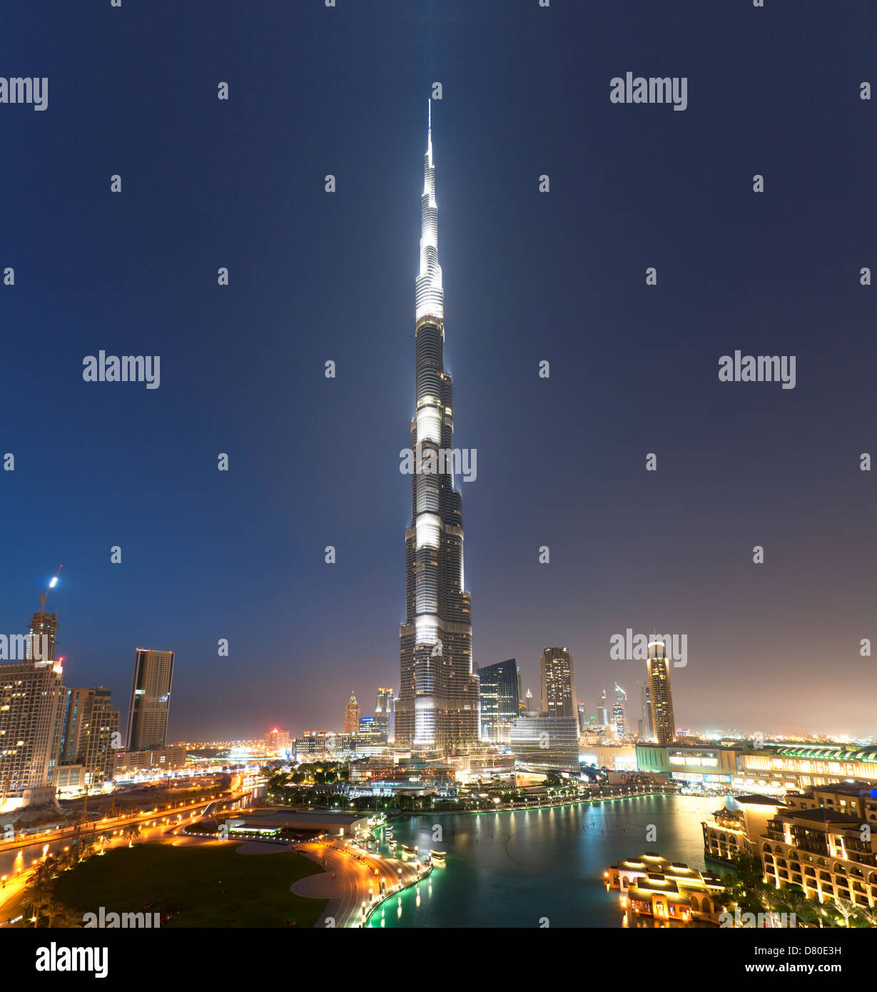 Night view of Burj Khalifa tower world's tallest building in Dubai United Arab Emirates Stock Photo