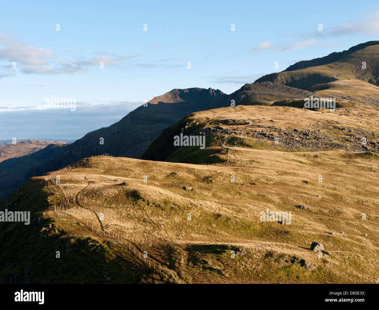 An evening view up Snowdon's Llanberis ridge, showing Crib Goch in shadow Stock Photo Alamy
