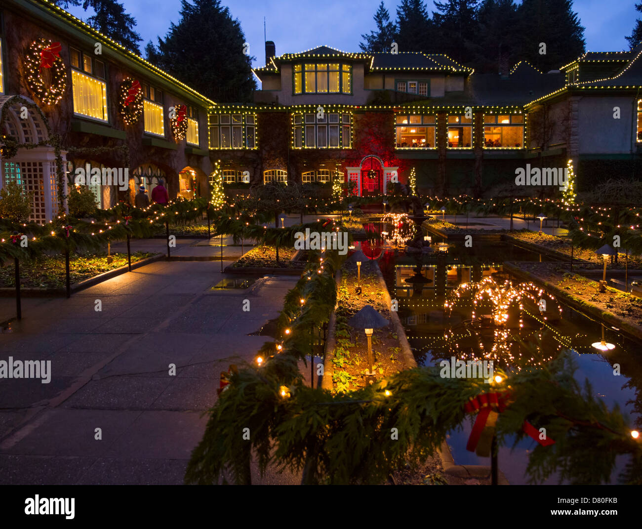 Each year at Christmas the famous Butchart Gardens in Victoria, Canada, puts on an elaborate display of Christmas lighting. Stock Photo