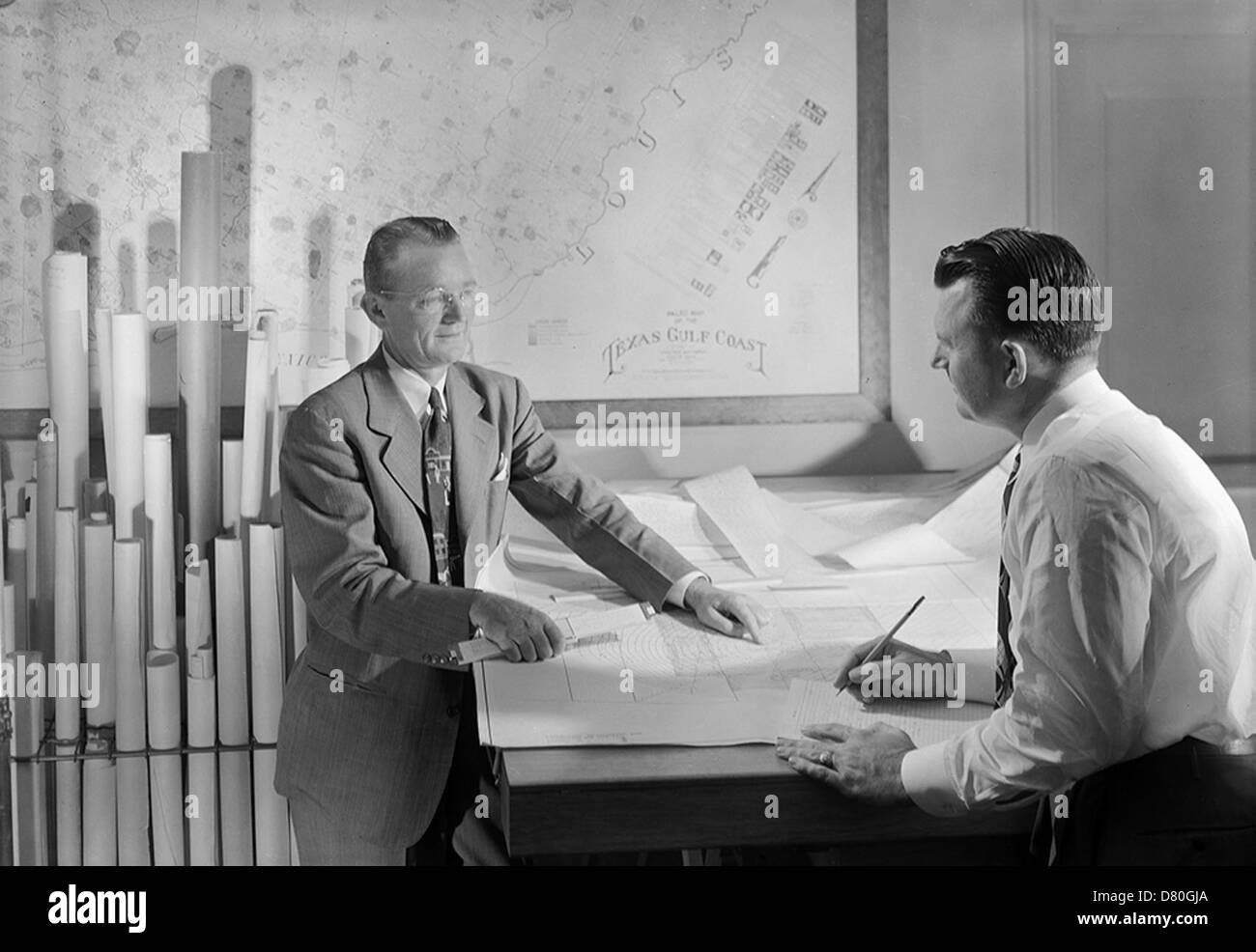 Personnel in Houston office, Superior Oil Co., K. G. McCann and John M. Morgan, Geophysical Department Stock Photo