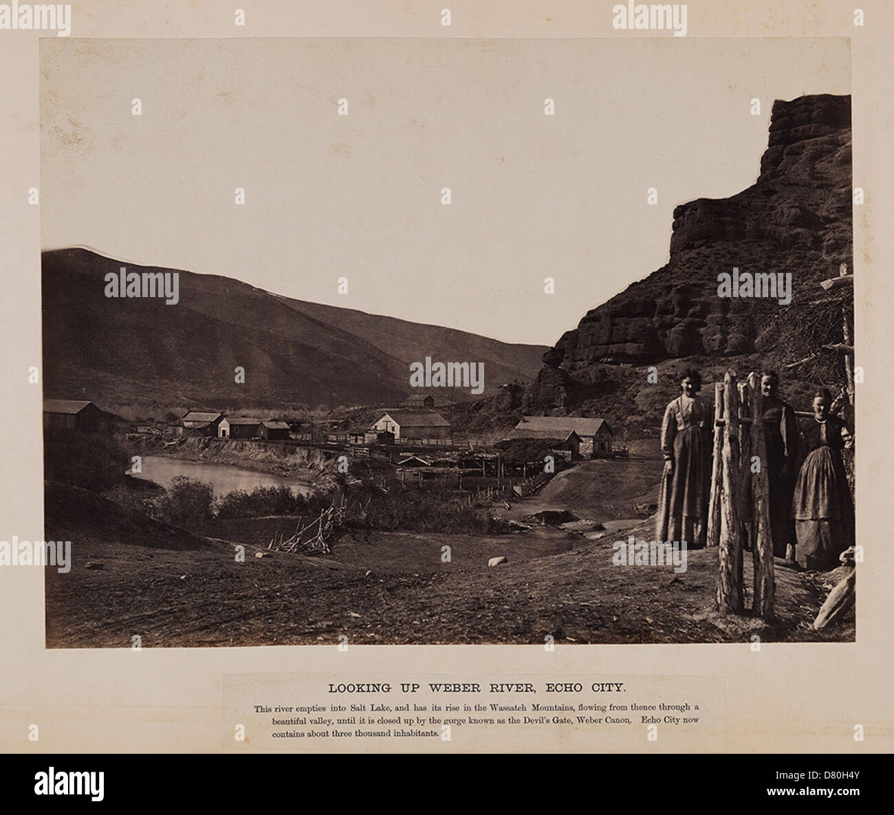 A vintage photograph showing a view of the Weber River looking up ...
