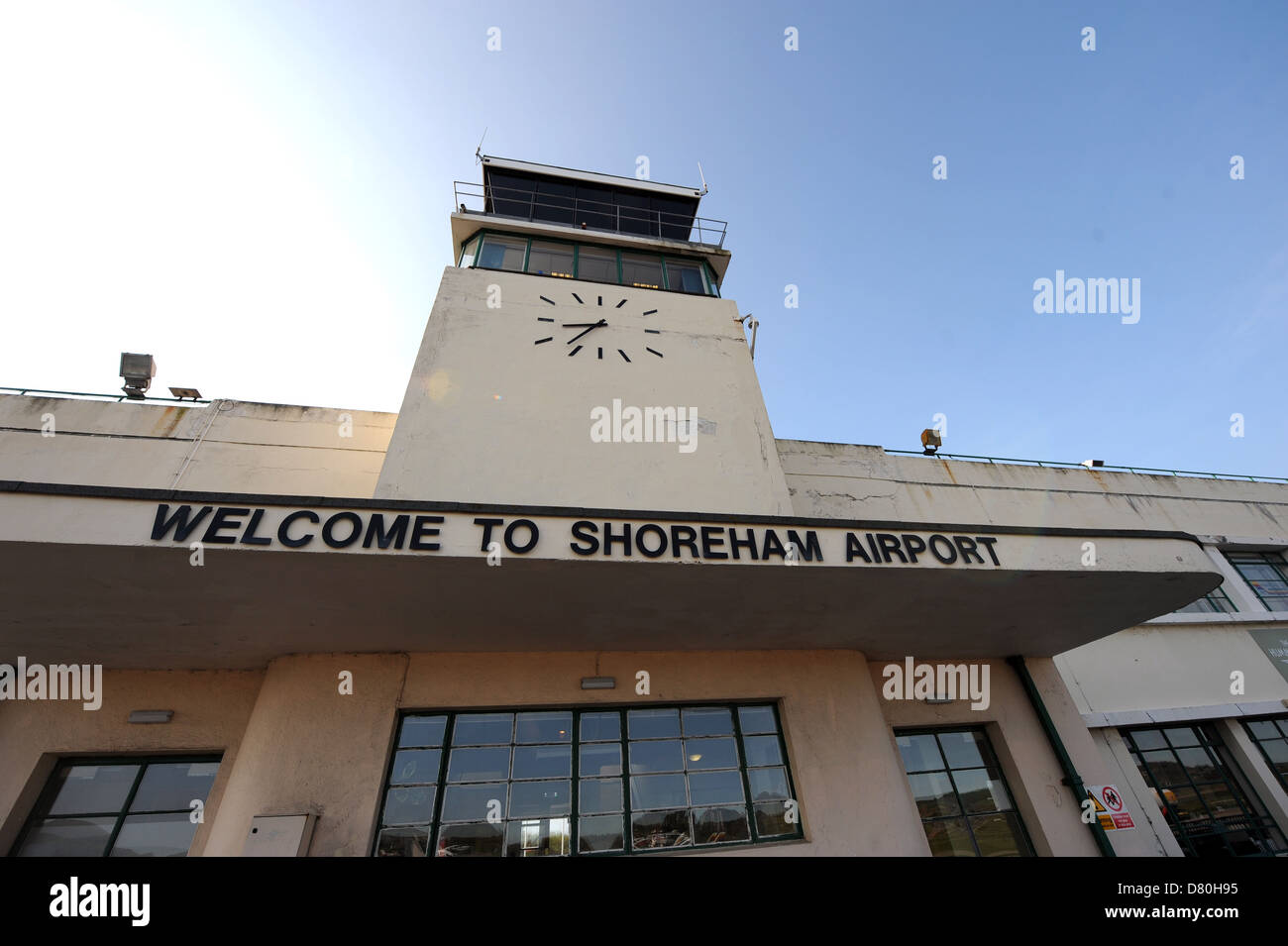 Brighton and Shoreham City Airport terminal building welcome sign Stock Photo