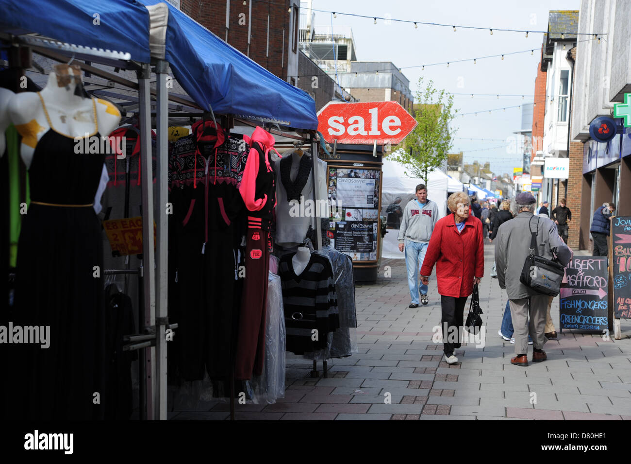 Red Sale sign at street market in Montagu Street Worthing Stock Photo Alamy