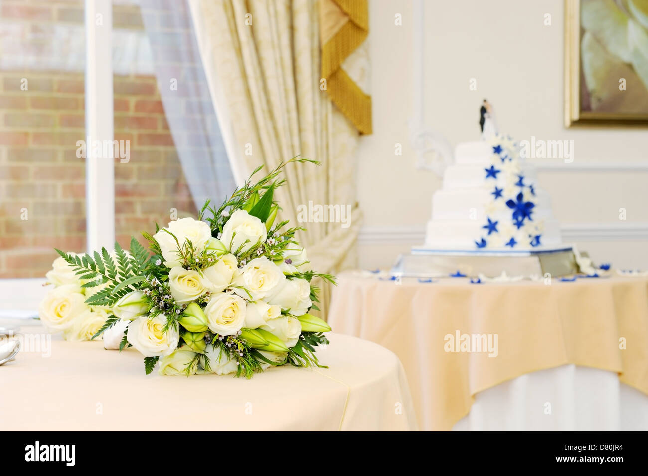 Wedding reception with flowers and cake decoration Stock Photo