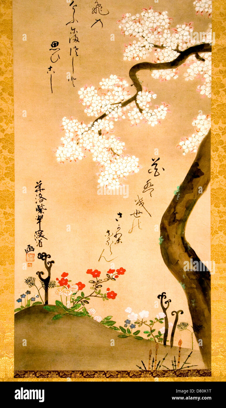 Cherry Tree and Spring Plantsby Ogata Kenzan 1663 1743 Edo Period Japan Museum Stock Photo