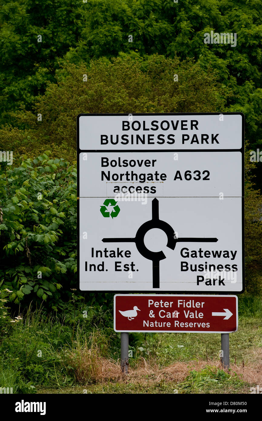 Road sign outside Bolsover Business Park, Chesterfield, England. Stock Photo