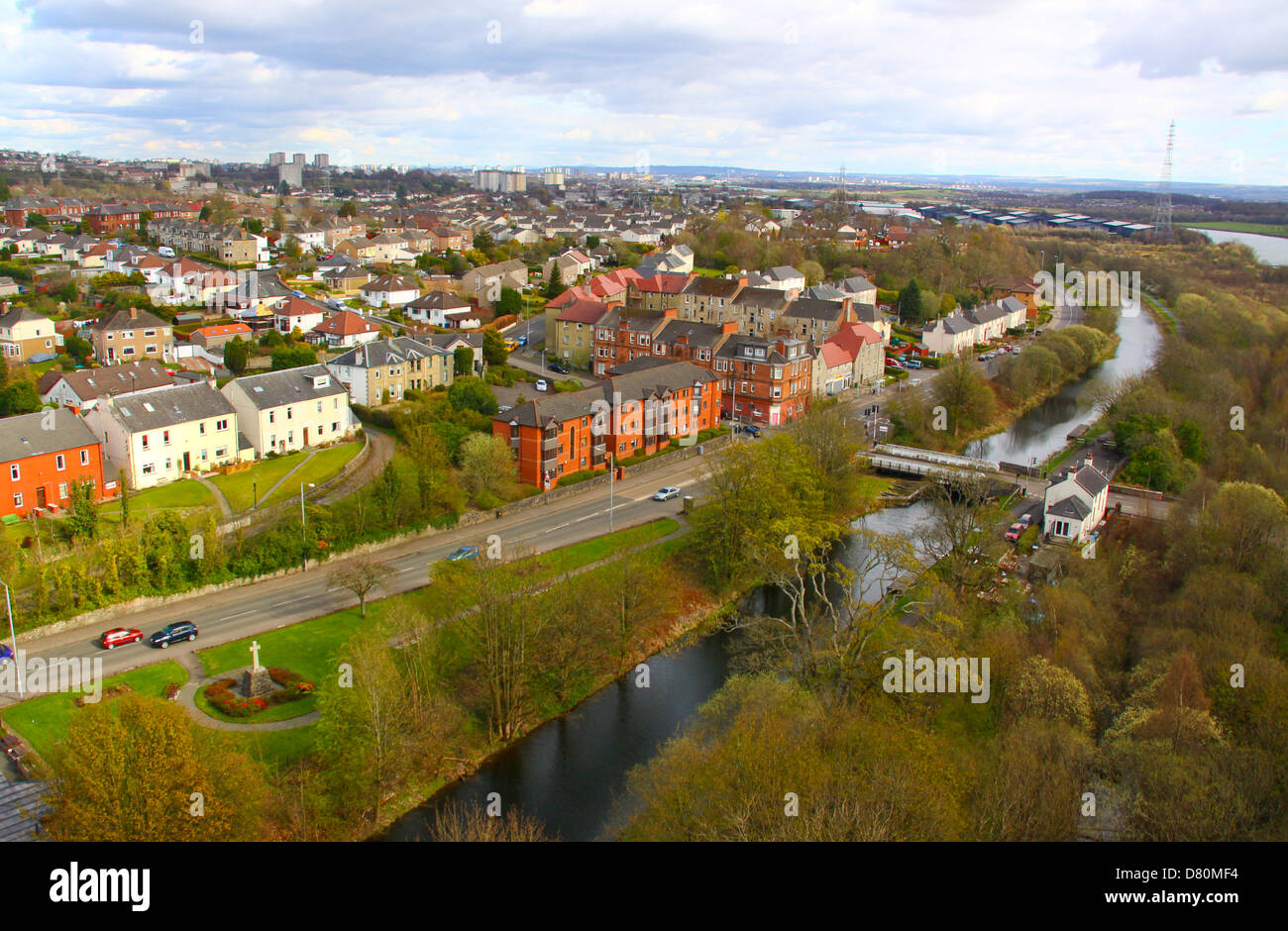Aerial view of Old Kilpatrick Glasgow and Forth and Clyde canal Stock