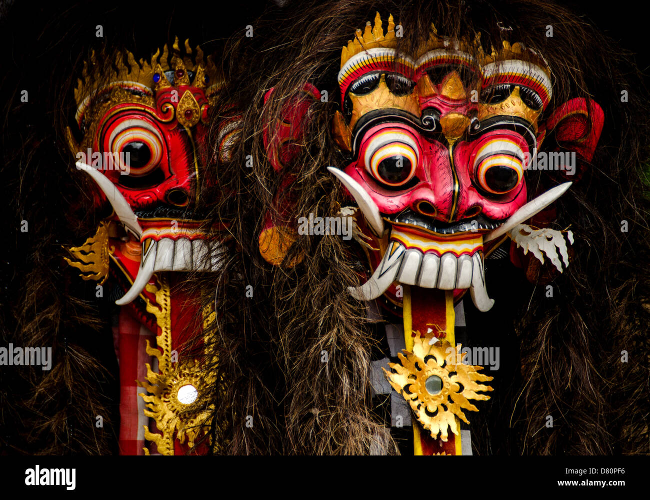 a closeup of colorful traditional Balinese masks Stock Photo