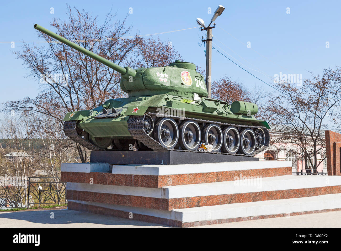 Kungur, Russia - Soviet T-34 tank in Victory Square (Ploshchad Pobedy) Stock Photo