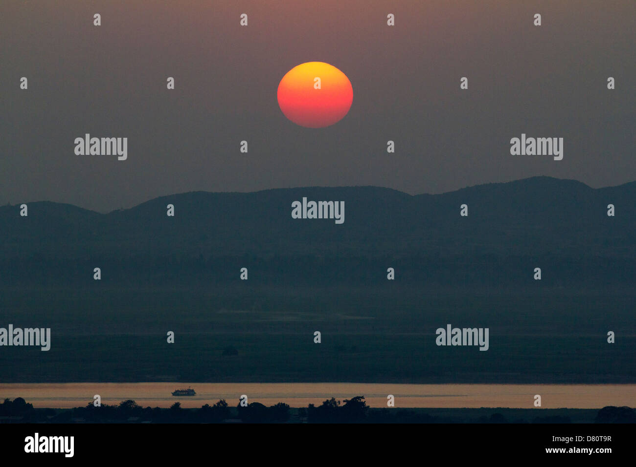Sunset over the Irrawaddy River viewed from hills above Mandalay, Myanmar 2 Stock Photo