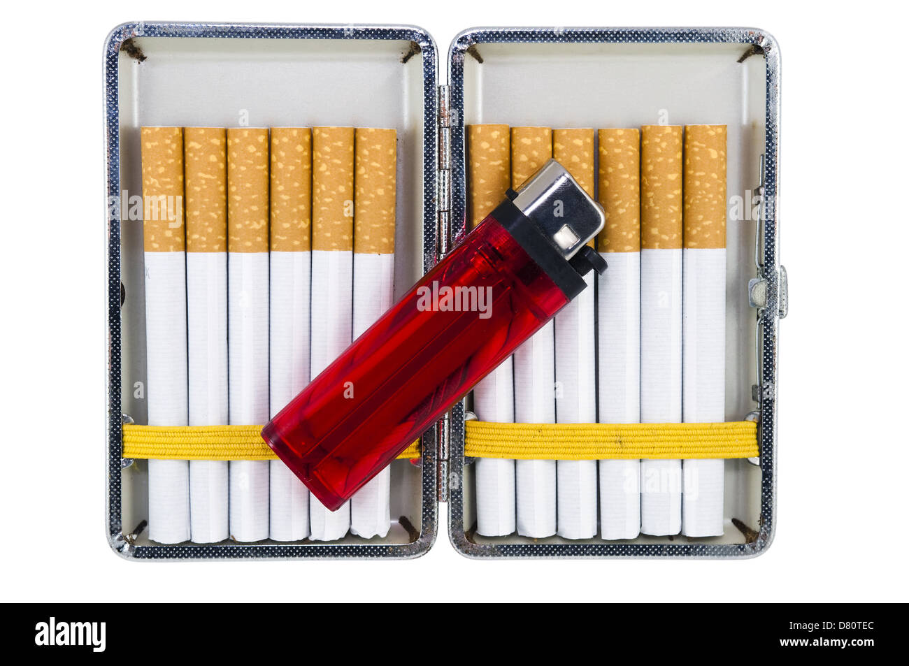 cigarette case with cigarettes and a lighter isolated on white background Stock Photo