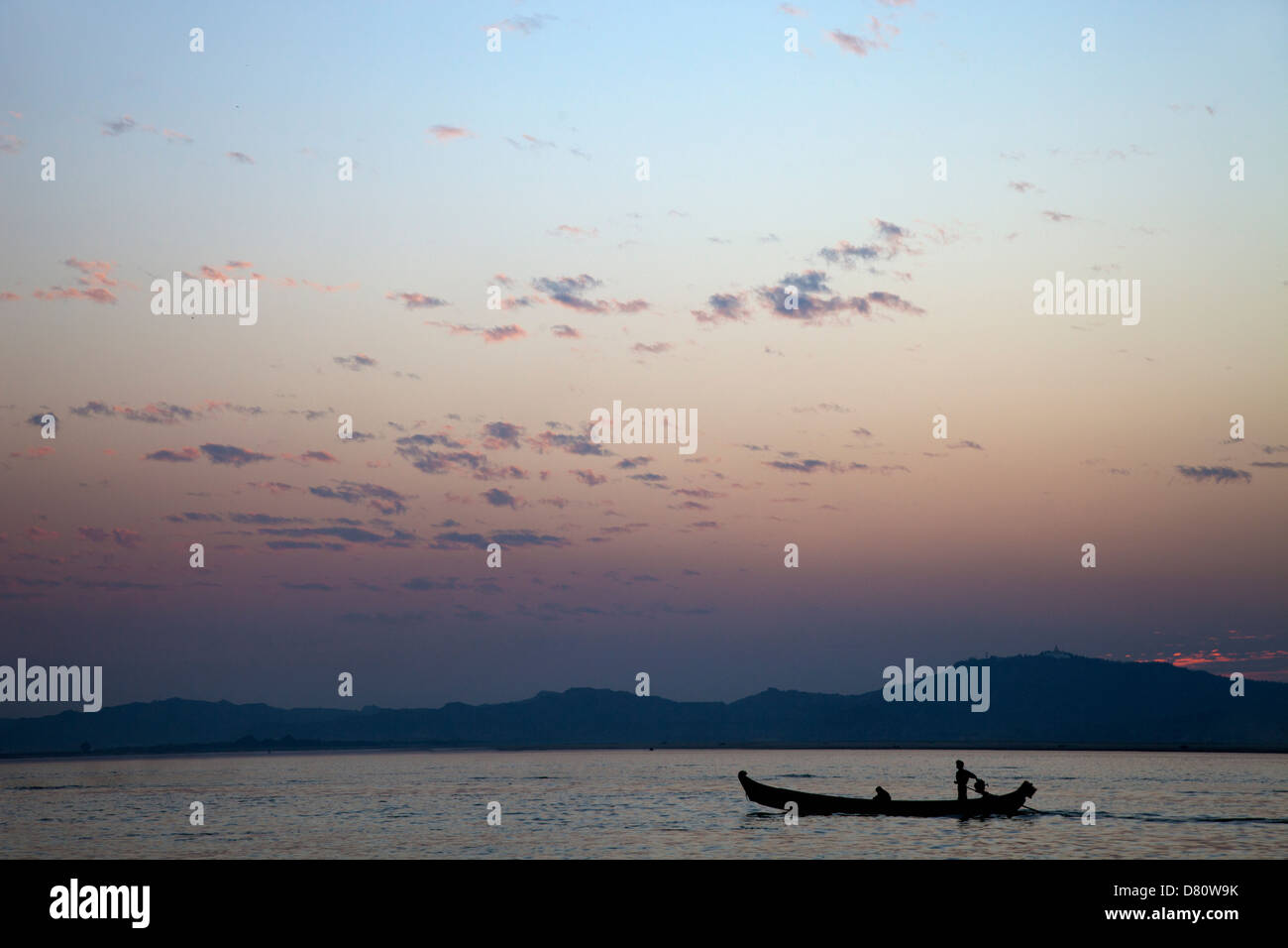 Vivid dusk over the Irrawaddy River at Mandalay, Myanmar Stock Photo