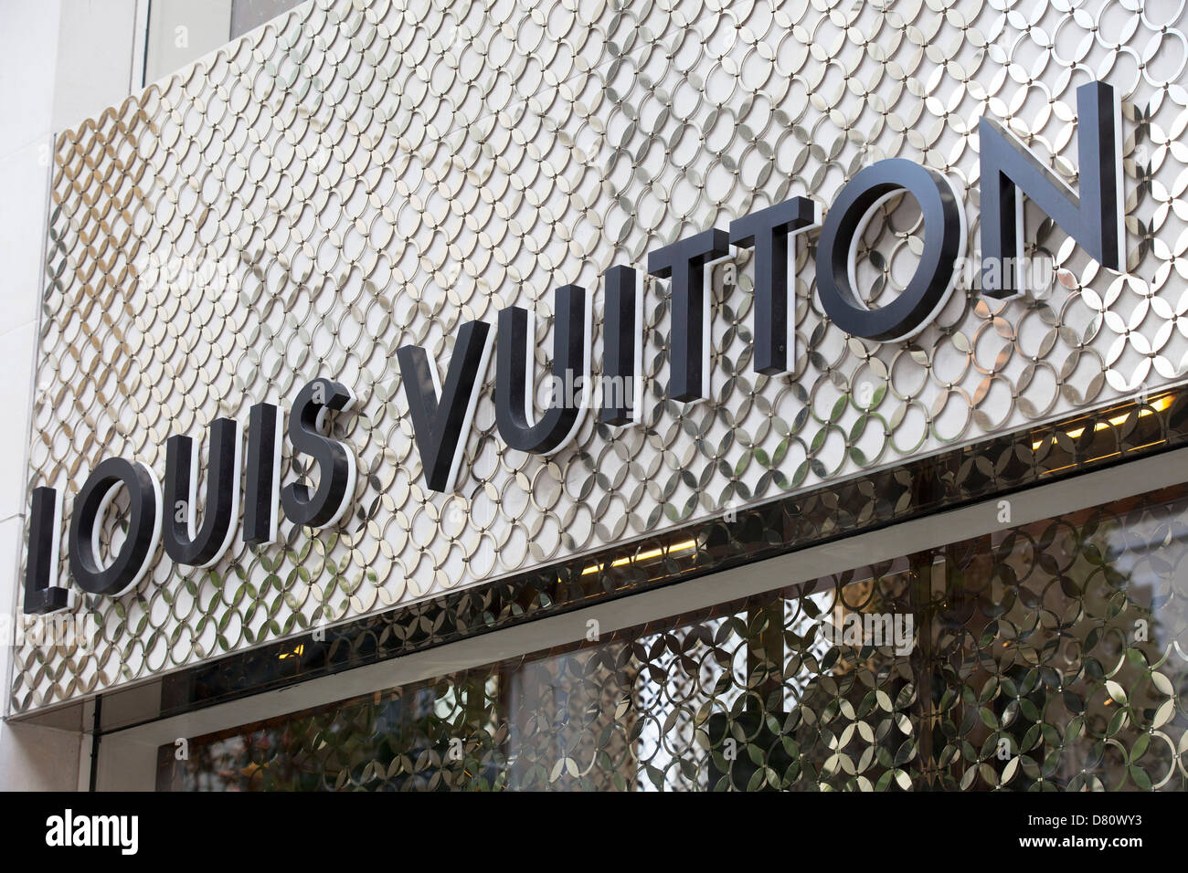 Sign for high end fashion and exclusive brand Louis Vuitton. Stock Photo