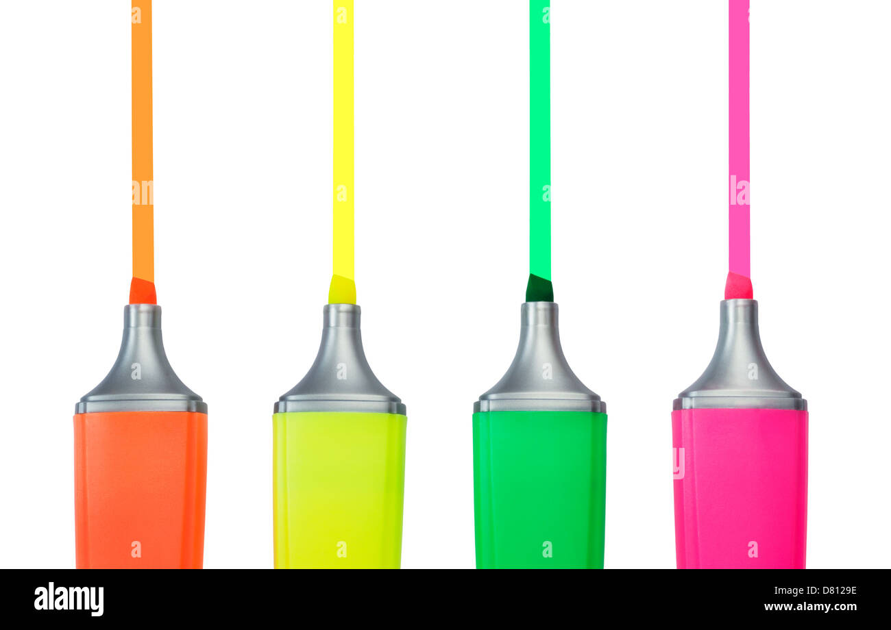 Four Highlighter Markers Pens Isolated on White Background Stock Photo