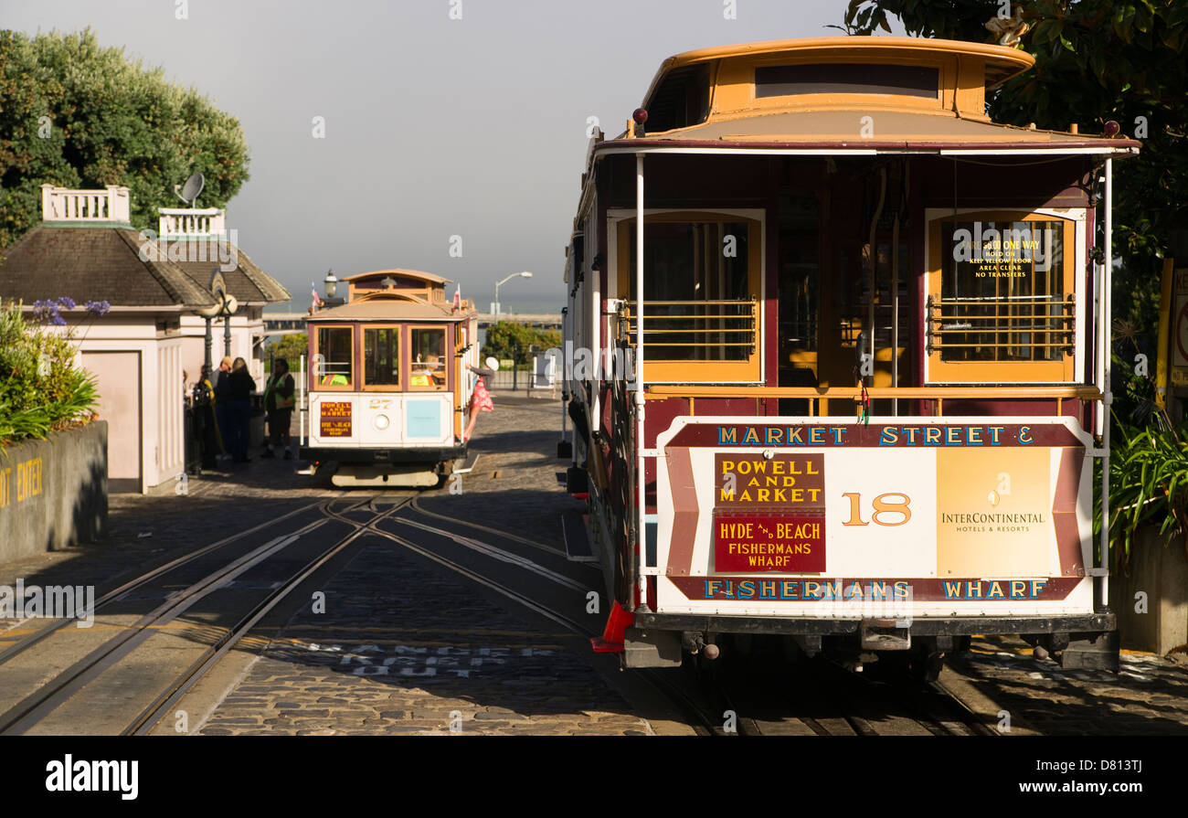 The Number 18 Hyde and Beach Trolley waits while another car is loaded