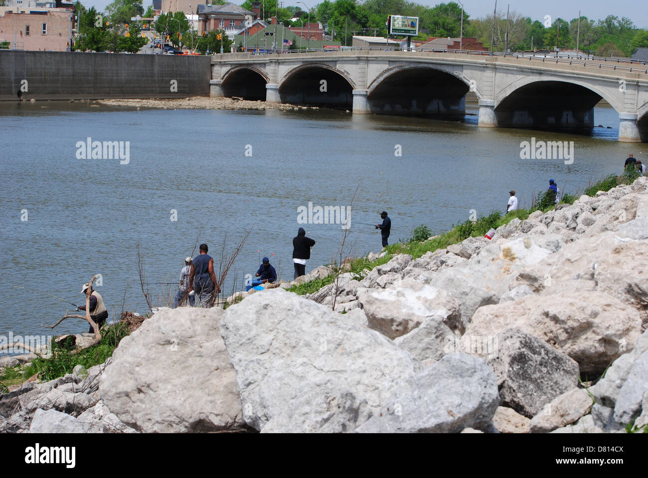 Anglers,fishing for white bass,from the banks of the Sandusky River. Fremont,Ohio, U.S.A. Stock Photo