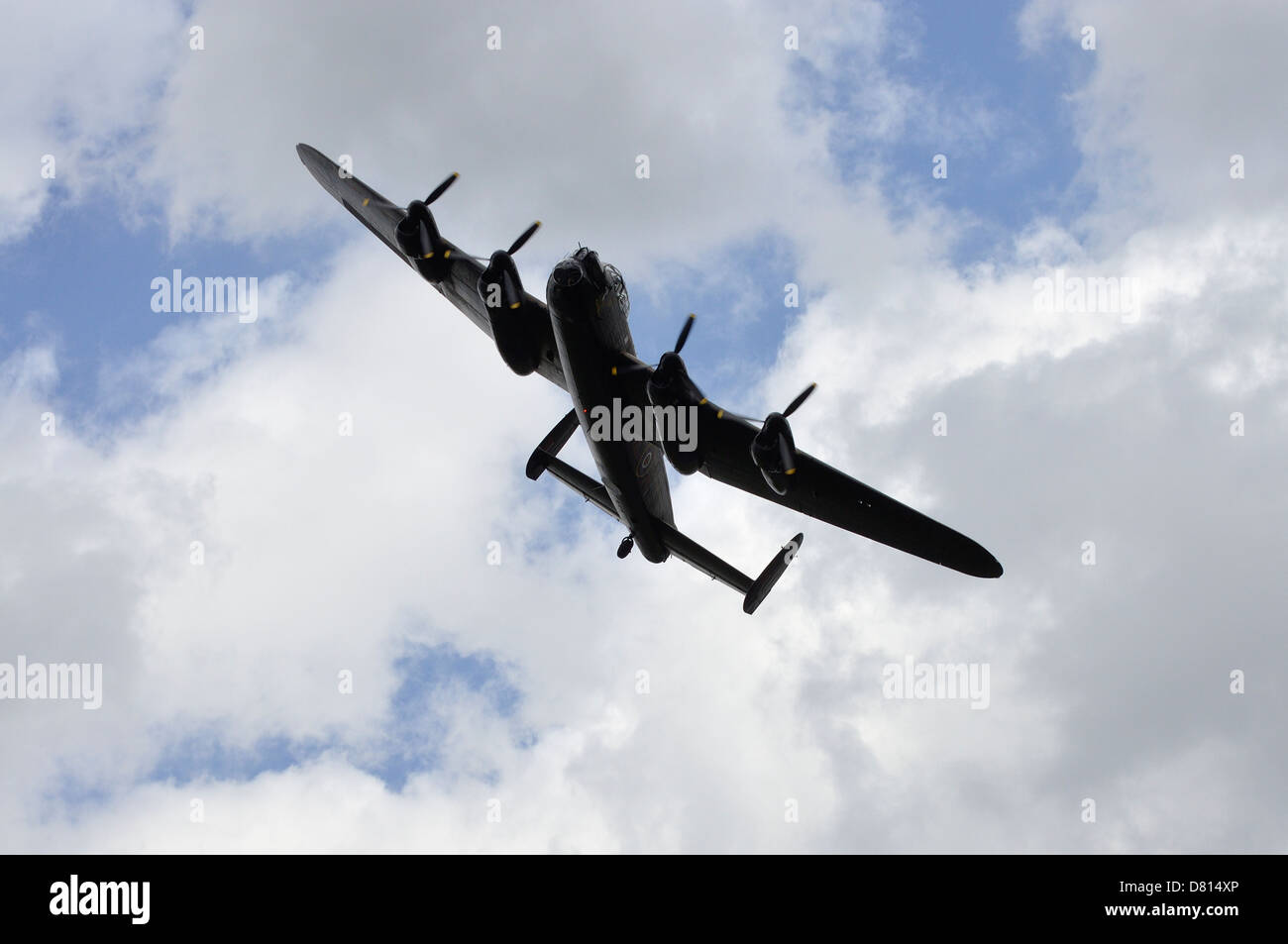 Lancaster bomber KCA City of Lincoln over Derwent Reservoir on 16th of May 2013 Stock Photo