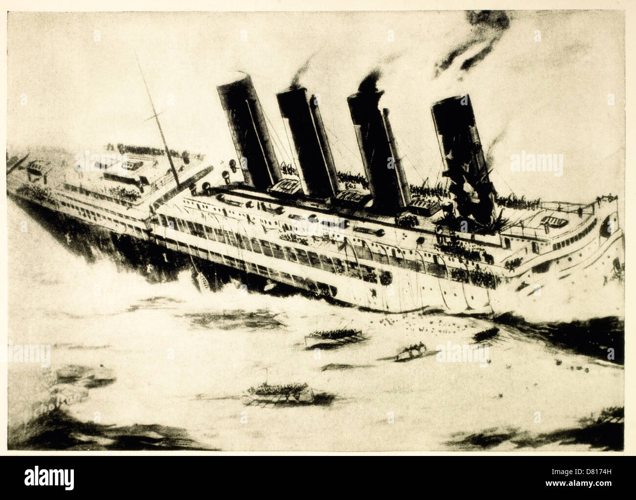 Lusitania Sinking off Irish Coast after being Torpedoed by German U-Boat During World War I, May 7, 1915 Stock Photo