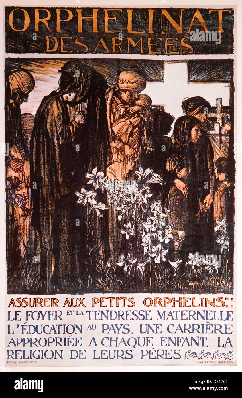 World War I French Poster by Frank Brangwyn for Aid to War Orphans, Orphelinat des Armees, Circa 1917 Stock Photo