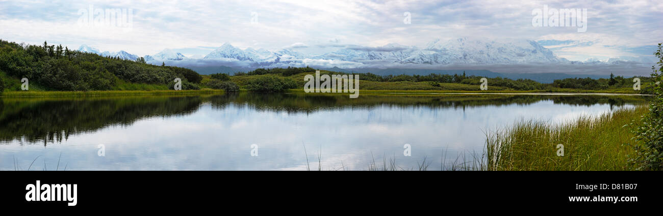 Panorama view of Alaska Range including Mt. McKinley (Denali Mountain) obscured by clouds, from Reflection Pond, Denali Alaska Stock Photo