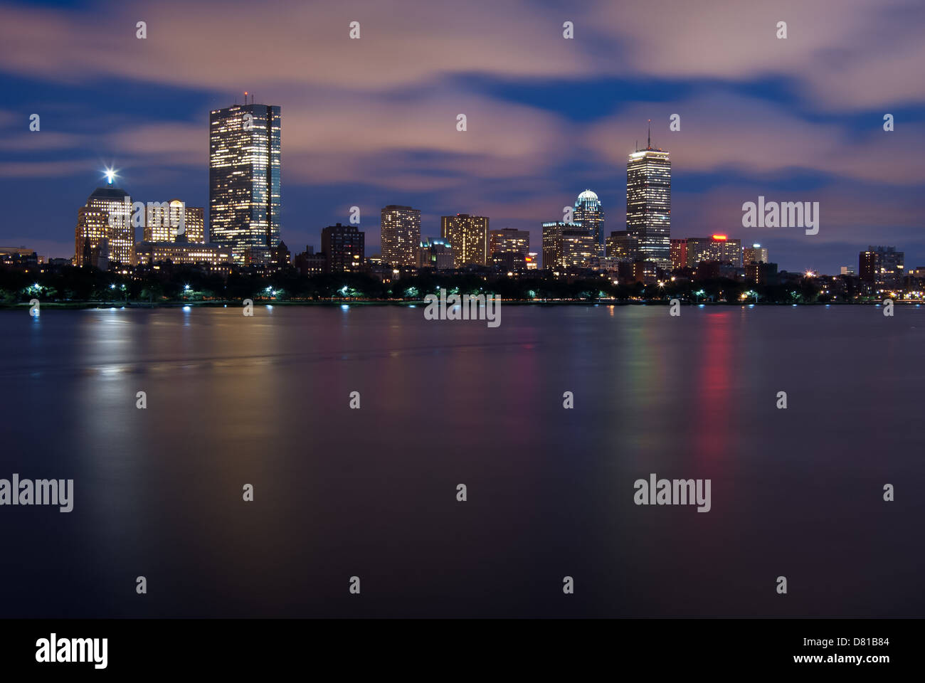 Night view of the Boston Skyline with brightly illuminated buildings Stock Photo