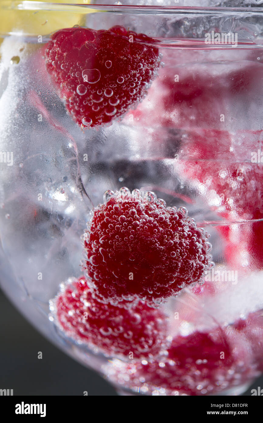 Gin tonic cocktail with raspberry and ice macro bubbles closeup on