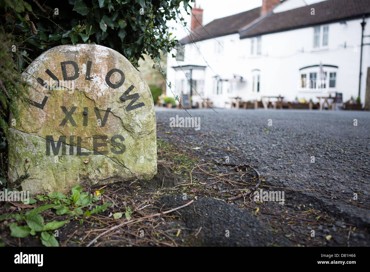Ludlow milestone in village of Little Stretton, Shropshire Stock Photo
