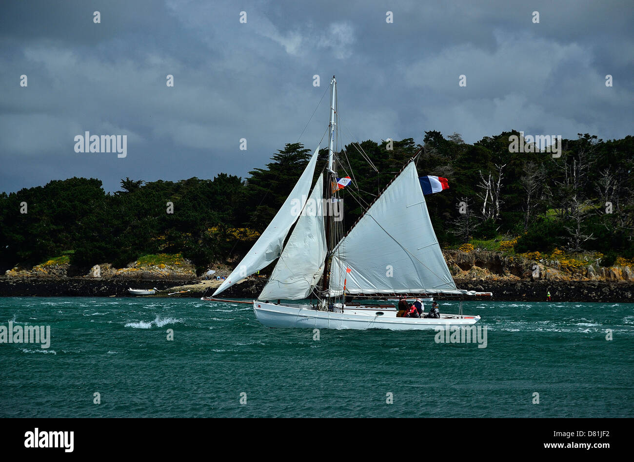 Classic yacht sailing in the Morbihan Gulf, in front of Ile Longue, during maritime event 'Semaine du golfe'. Stock Photo