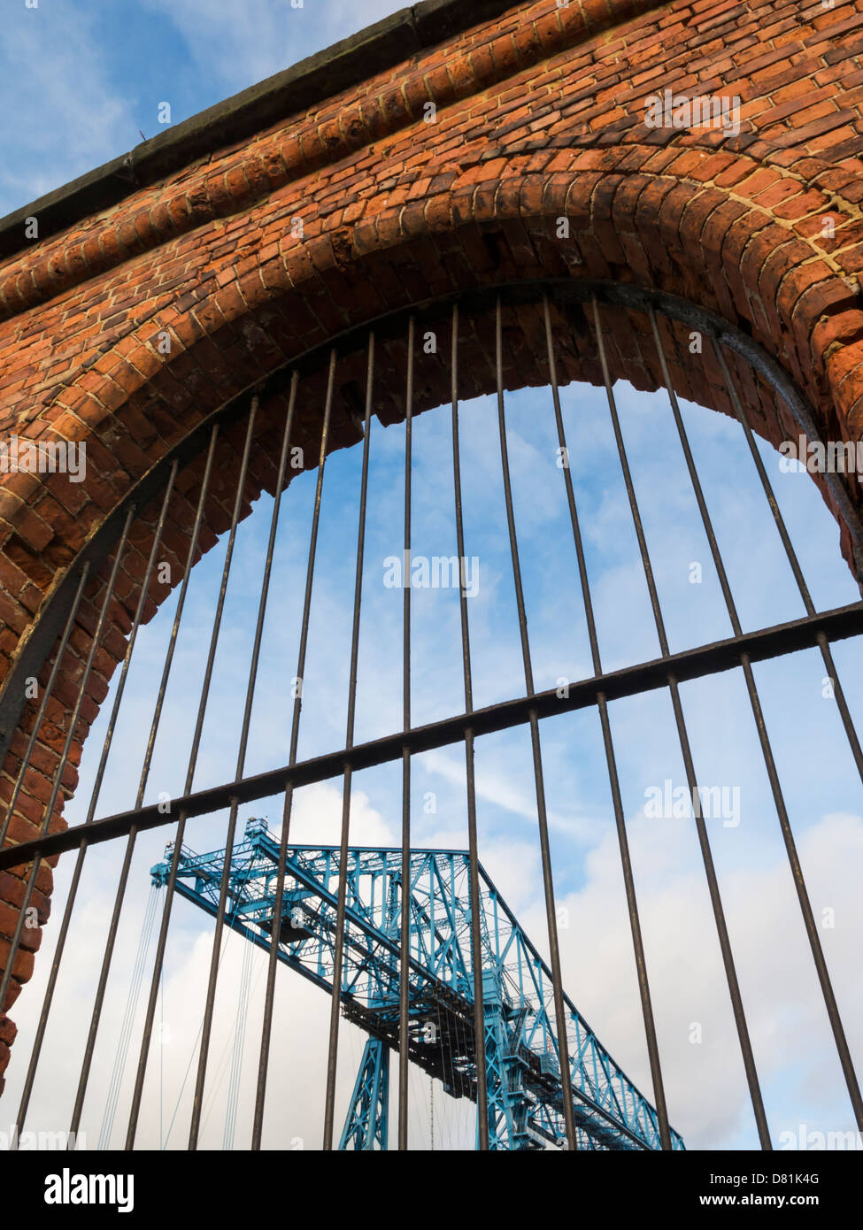 View of the Transporter Bridge from the arches on Vulcan Street, Middlesbrough, England Stock Photo