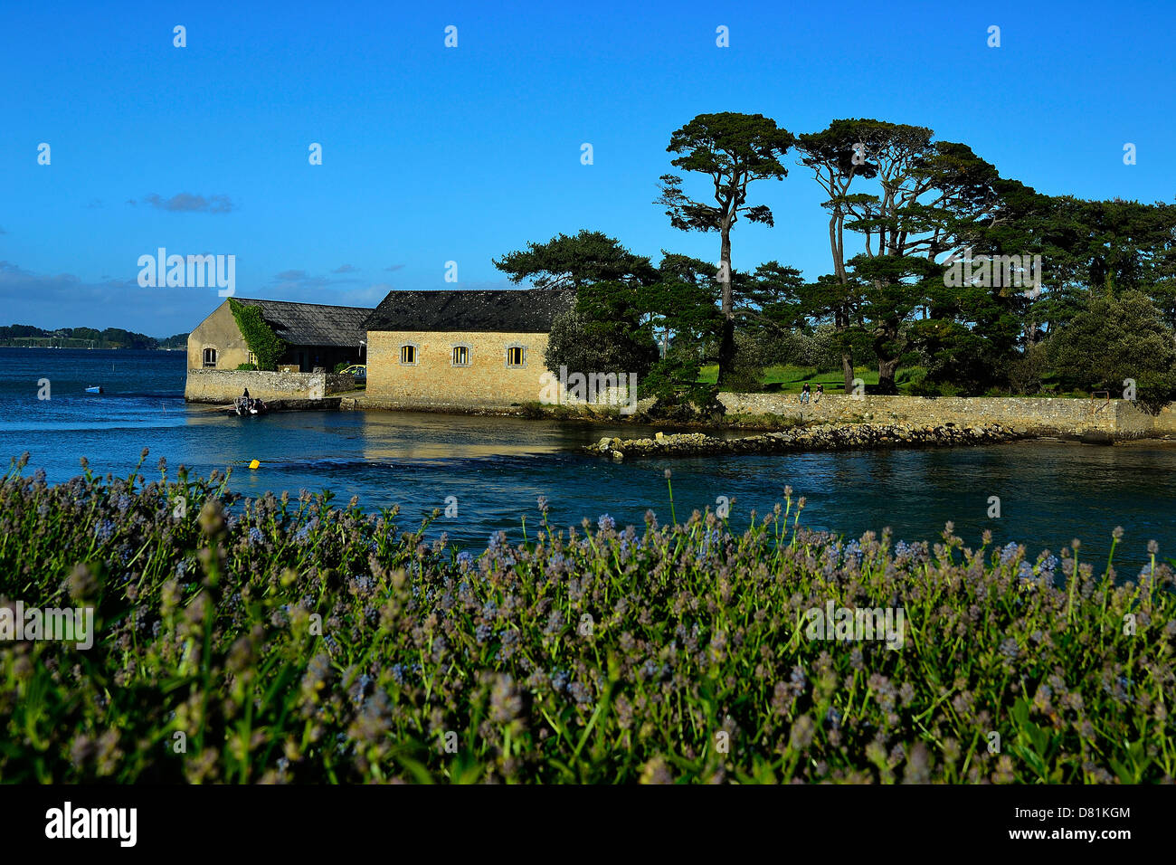 Berden island in Larmor Baden, island connected to the continent with low tide by a roadway submarine : "Passage du gois". Stock Photo