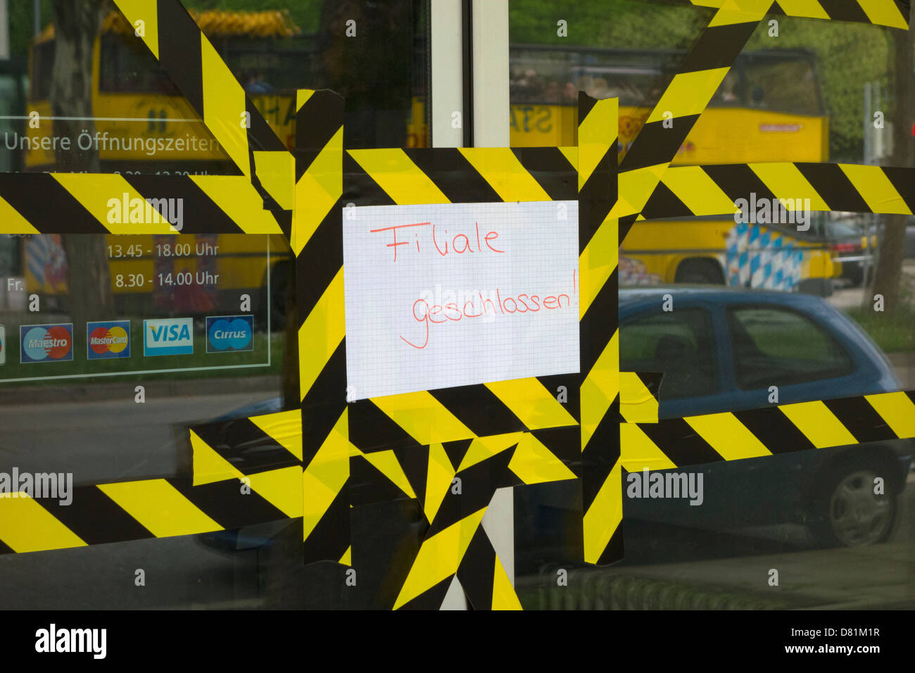 Taped closed bank doors ( Filiale Geschlossen ), Munich, Upper Bavaria