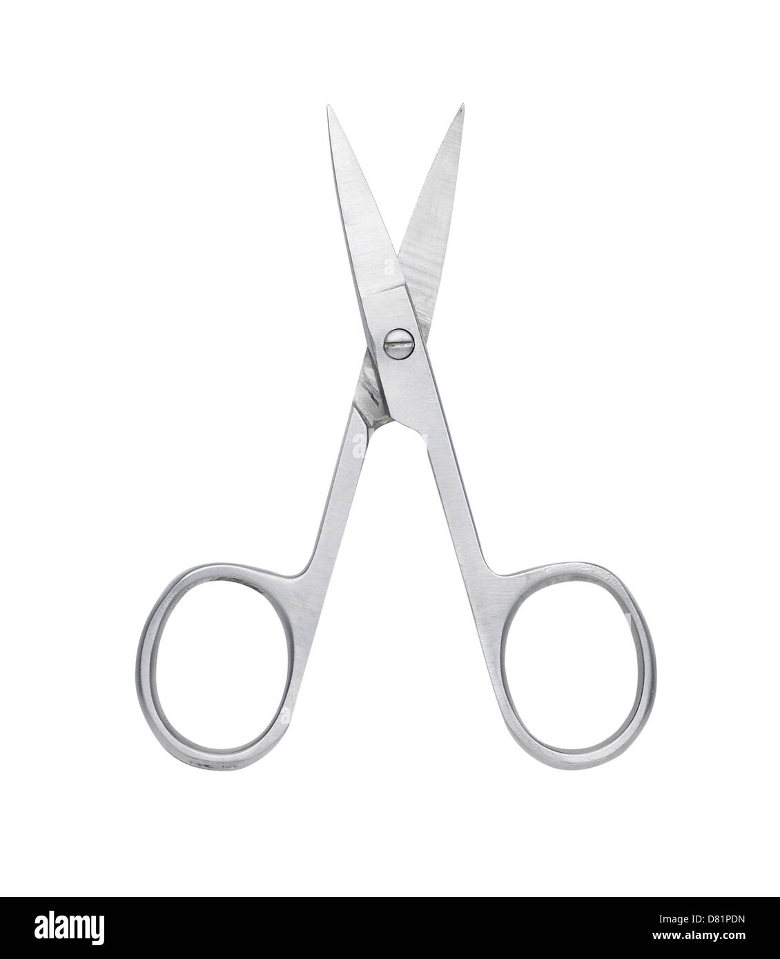 Pair of silver nail scissors cut out onto a white background Stock Photo