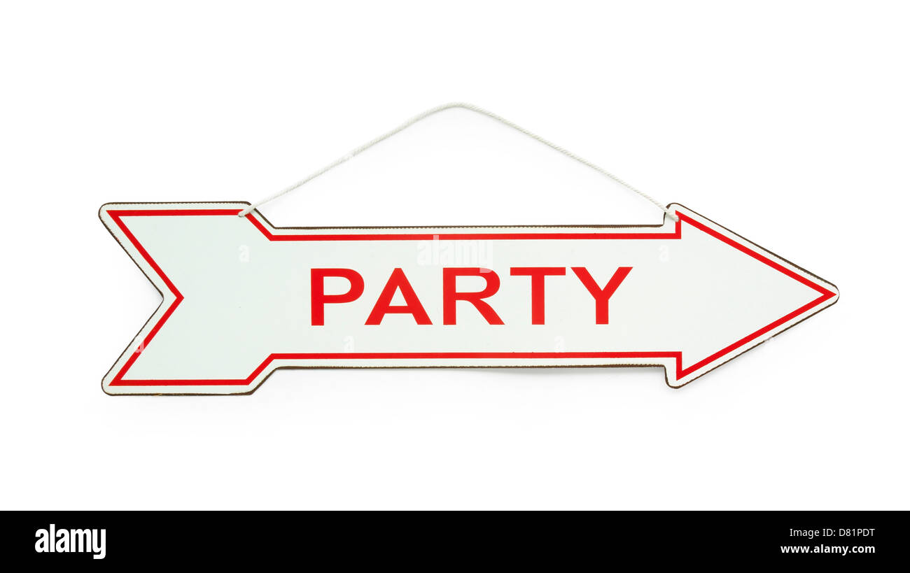 party arrow sign cut out onto a white background Stock Photo - Alamy
