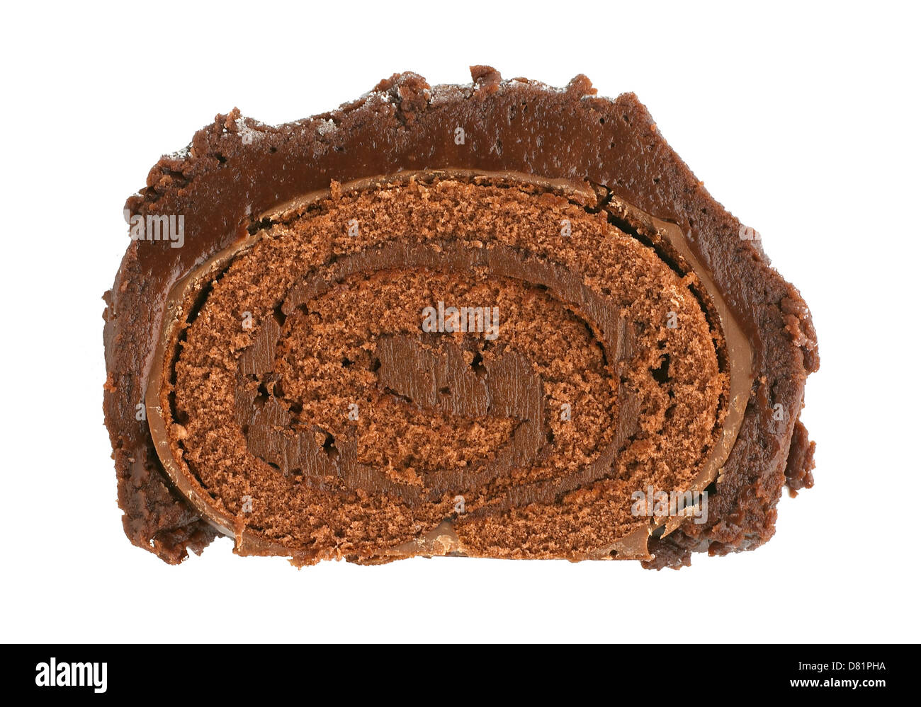 slice of a chocolate sponge roll cut out on a white background Stock Photo