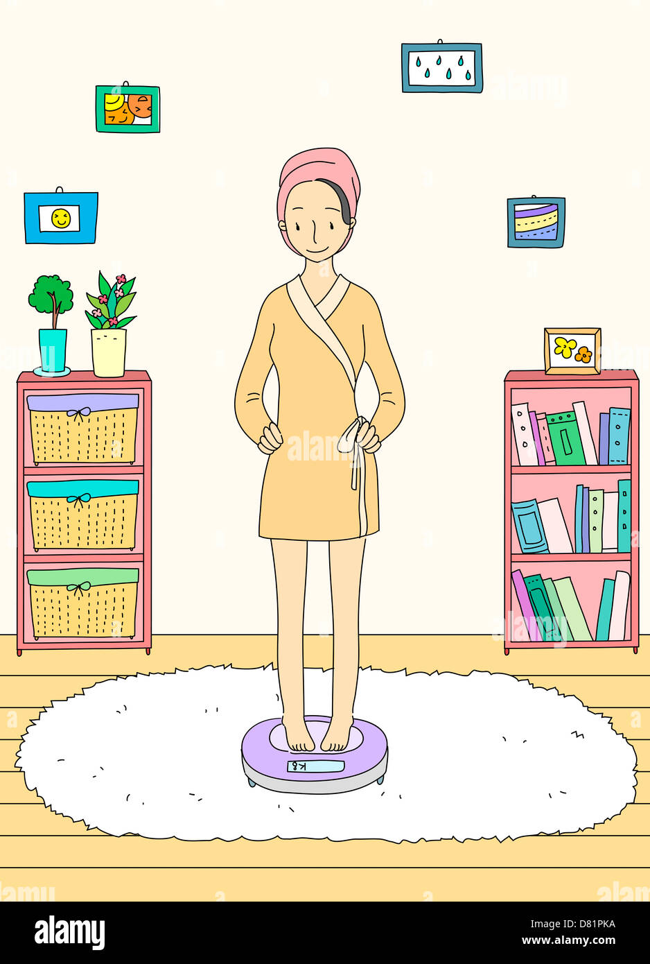 An illustration showing a woman standing on a scale Stock Photo - Alamy