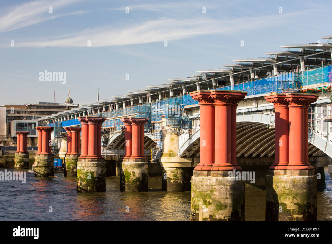 Blackfriars Bridge across the River Thames in London, UK, is the world's largest solar bridge. Stock Photo