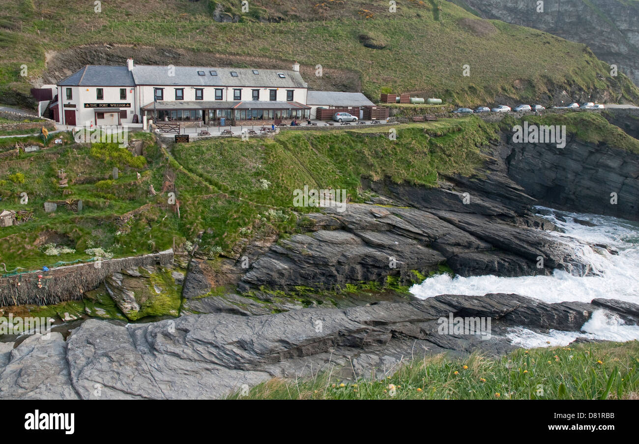 Port William public house overlooking sea at high tide Trebarwith