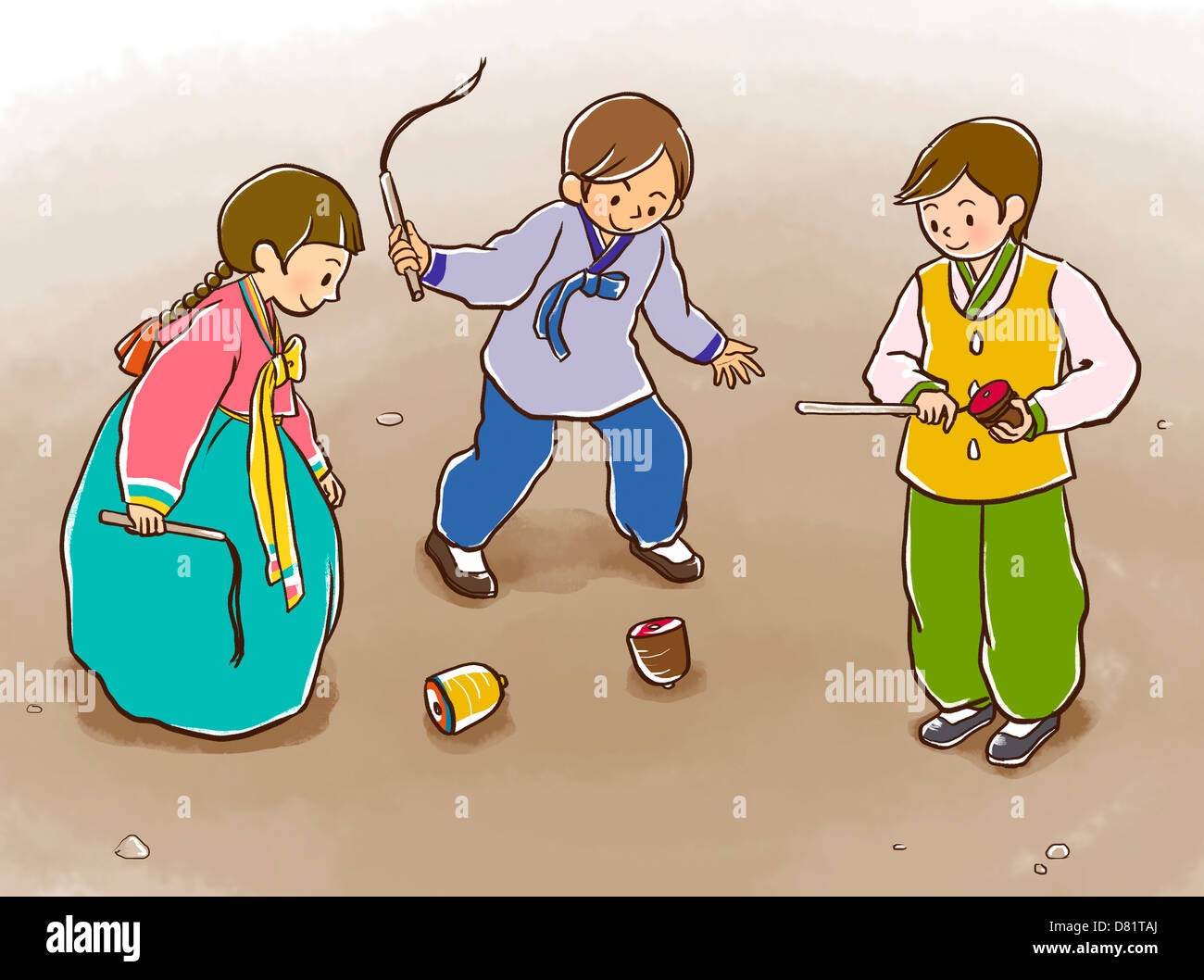 An illustration showing a Korean family engaging in a traditional ...